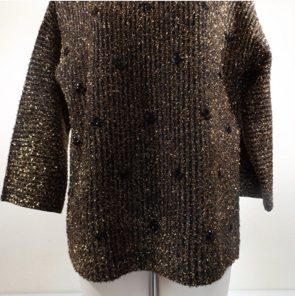 Ruby Rd Embellished Brown and Gold Metallic Pullover Sweater Petite Large - Picture 2 of 12